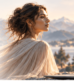 A creator overlooking a luminous mountain landscape
